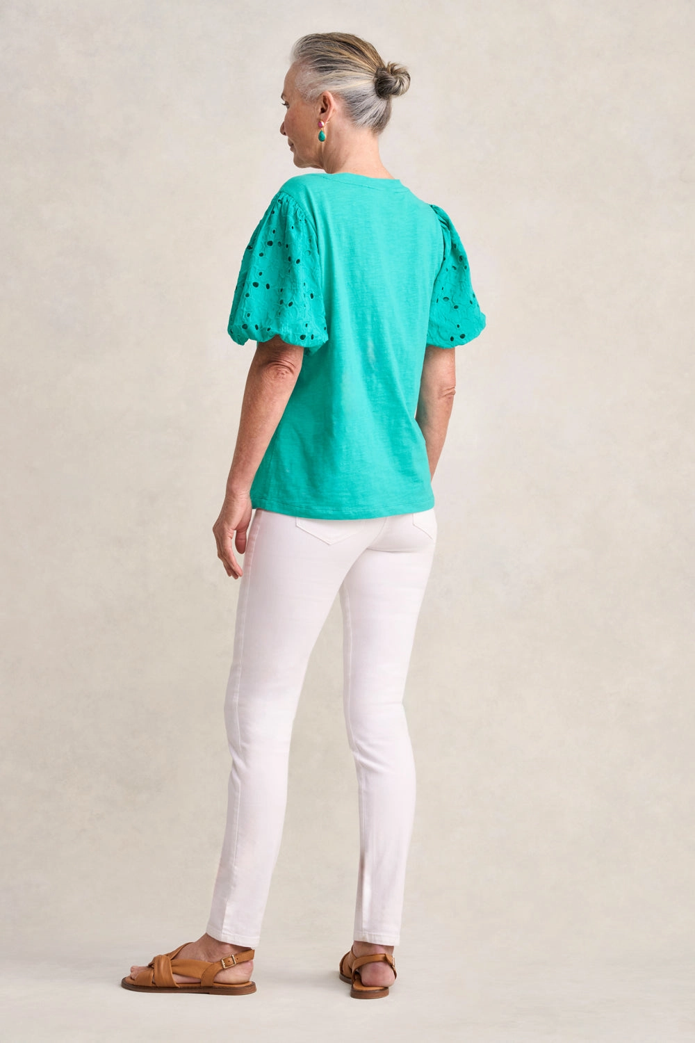 Fashionable Tank Broderie Sleeve Cotton T-Shirt - Viridian