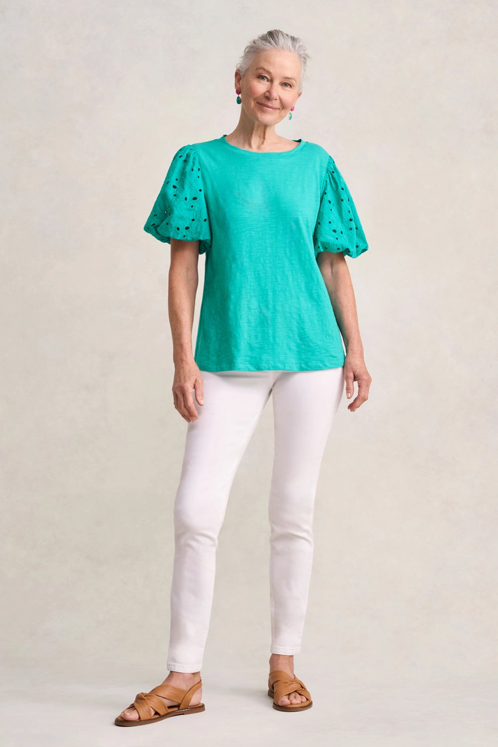 Broderie Sleeve Cotton T-Shirt - Viridian ReflectiveDetails Ribbed Neckline