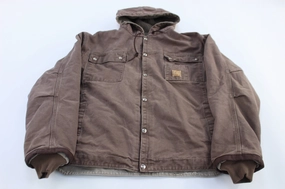 Carhartt Logo Patch Brown Hooded Sherpa Lined Jacket Unstructured Shoulder Cut