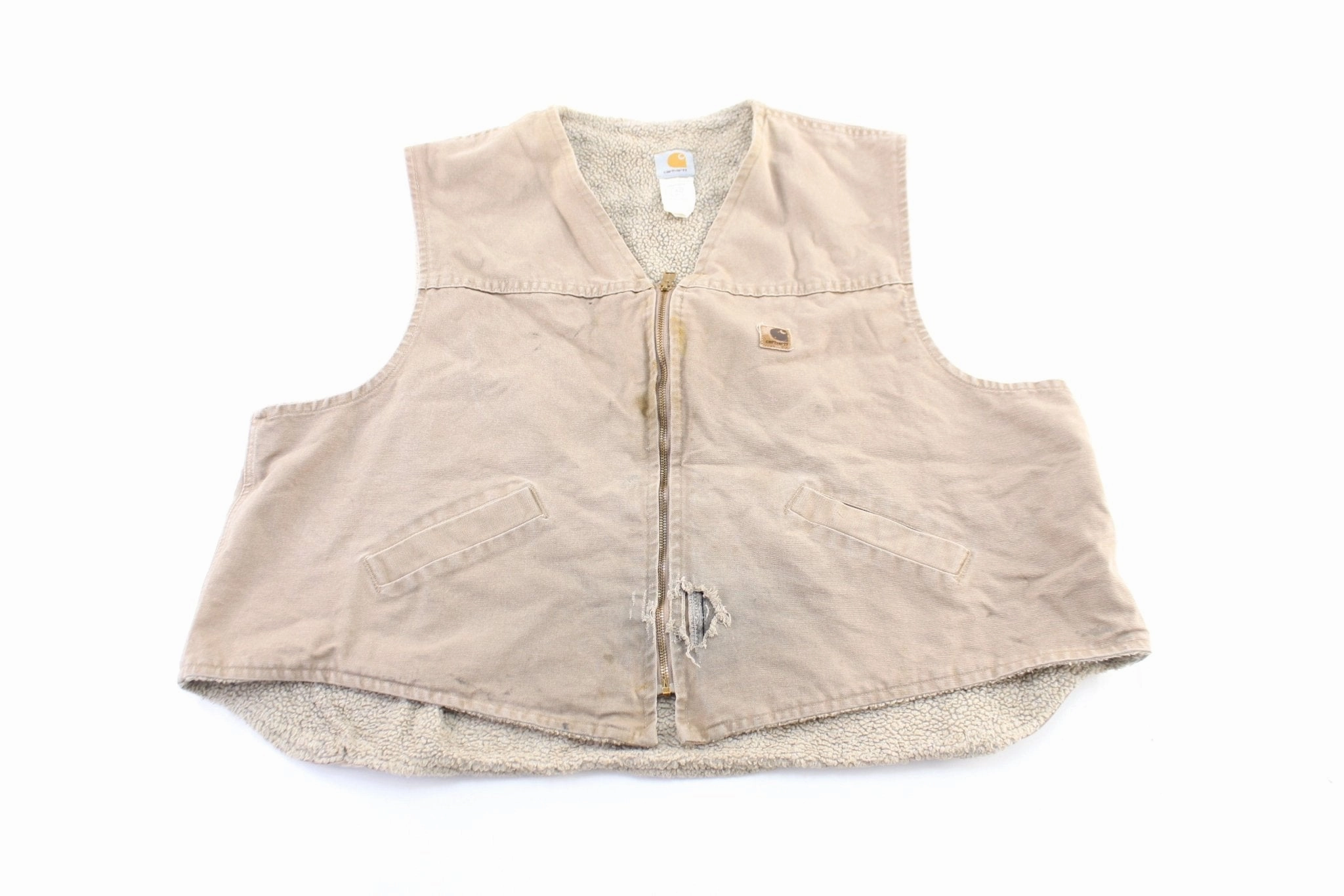 Elastic Cuff Mechanism Bright Tones Carhartt Logo Patch Light Beige Sherpa Lined Zip Up Vest
