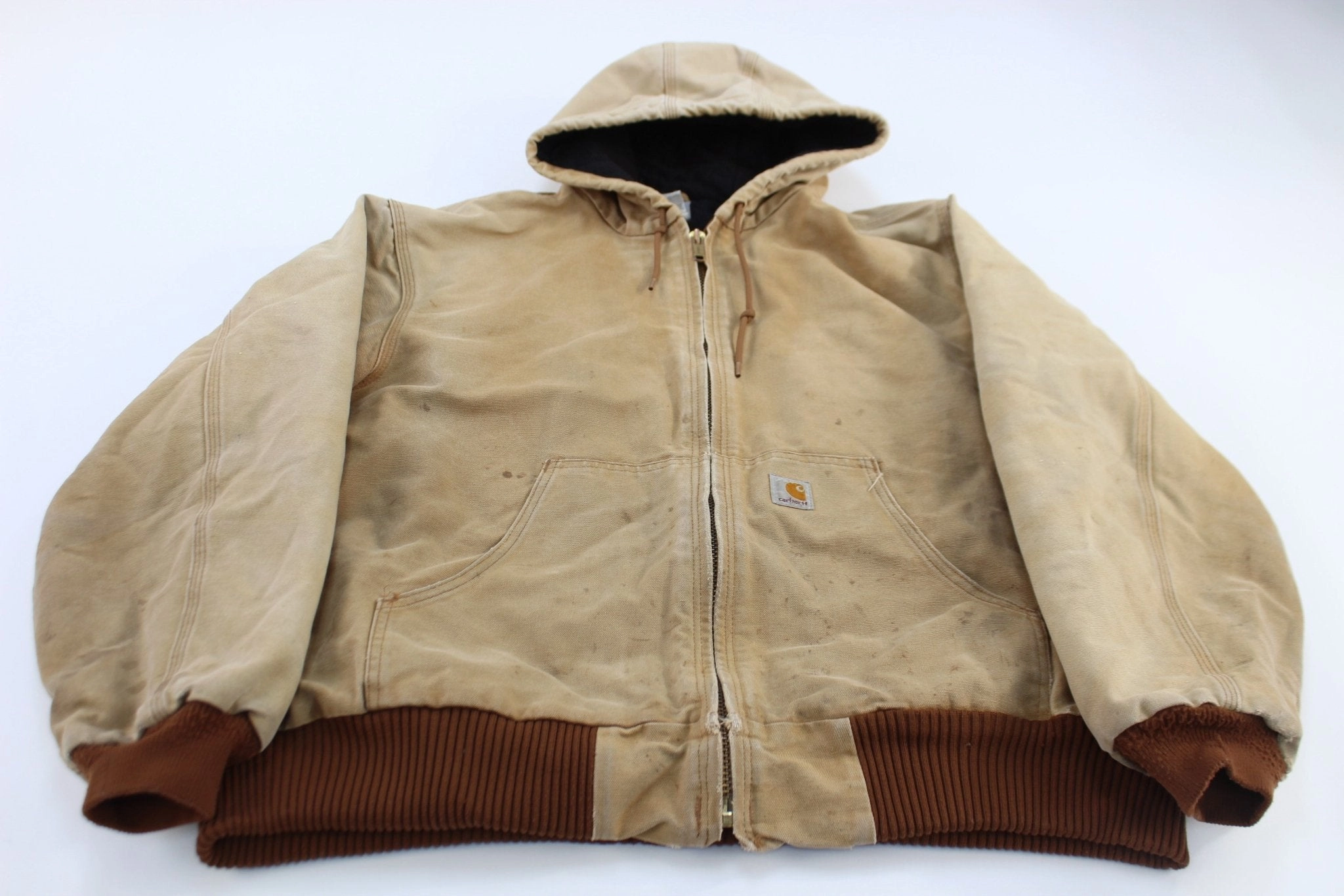 Carhartt Logo Patch Light Tan Hooded Zip Up Jacket Modern Design