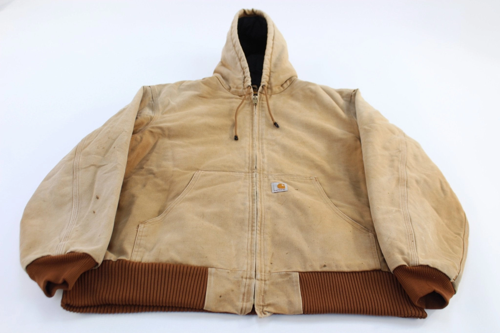 Carhartt Logo Patch Tan Full Zip Hooded Jacket See Seam Sealed Construction