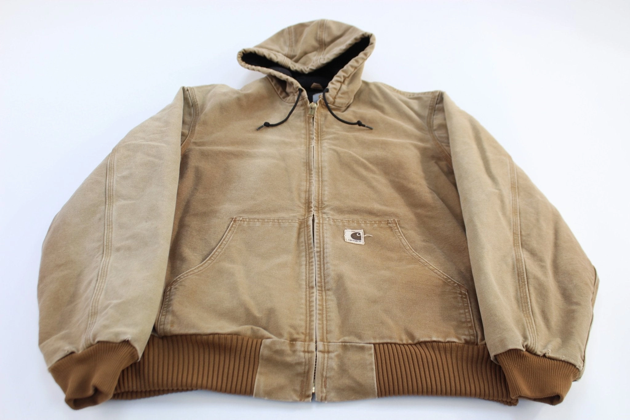 Layered Security Pockets Carhartt Logo Patch Tan Hooded Zip Up Jacket