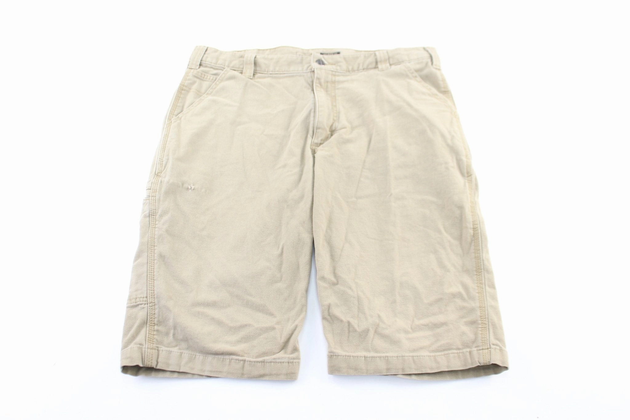 Carhartt Logo Patch Tan Shorts Flat Lock Seams tech fabric