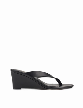 Glossy Finish Charlize Thong Wedges - Black Leather