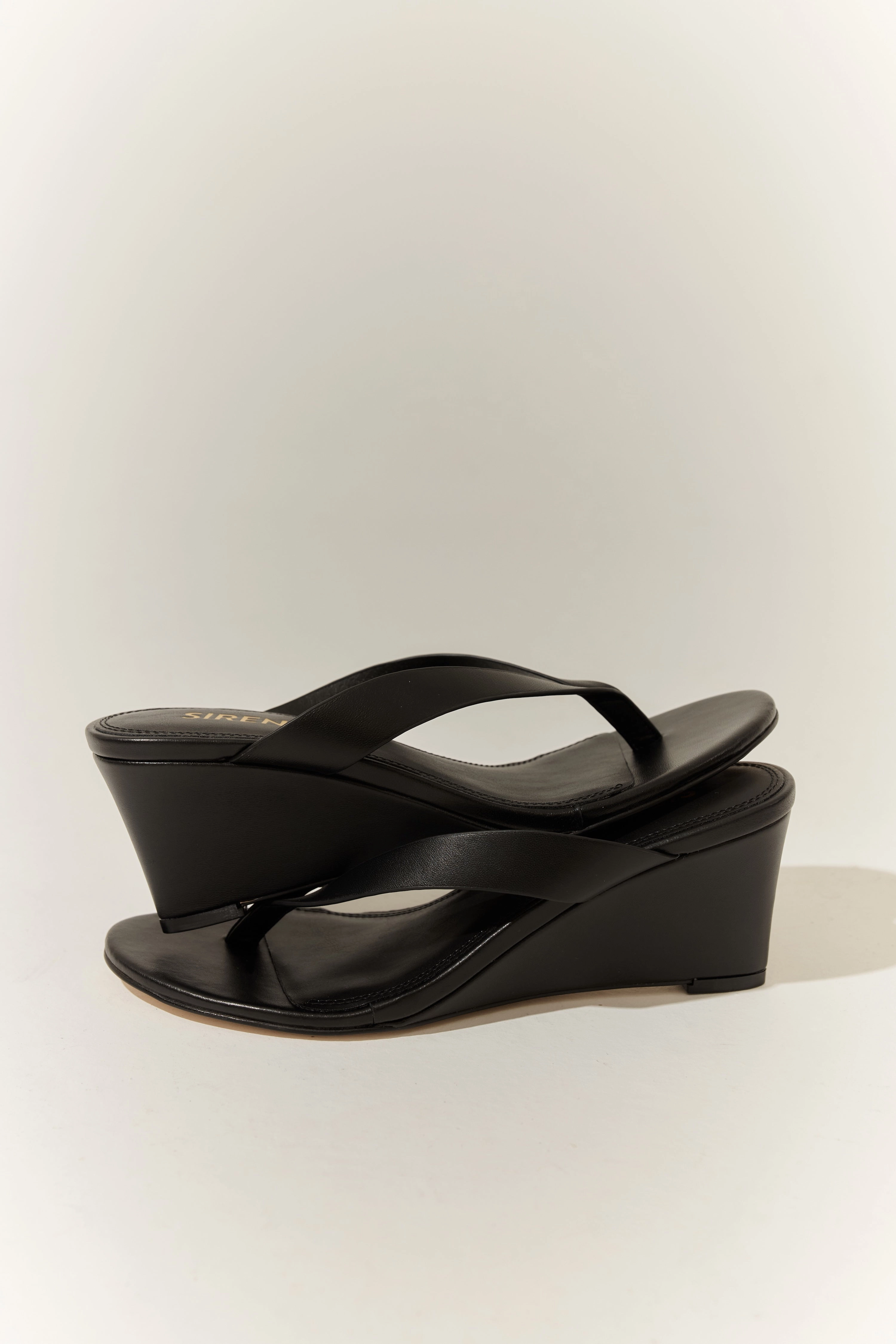 Charlize Thong Wedges - Black Leather Ventilated Design