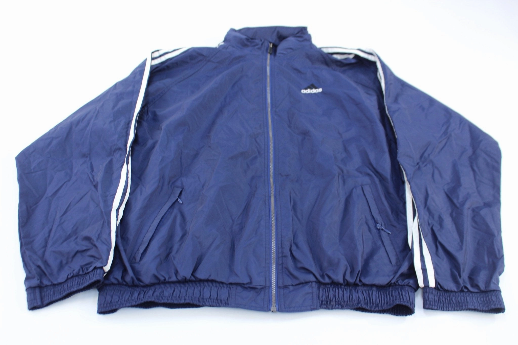 90's Adidas Embroidered Logo Blue & White Striped Zip Up Jacket Transitional Weather