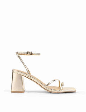 Stacie Block Heel Sandals - Gold Metallic Leather Adjust Strap Form Drop