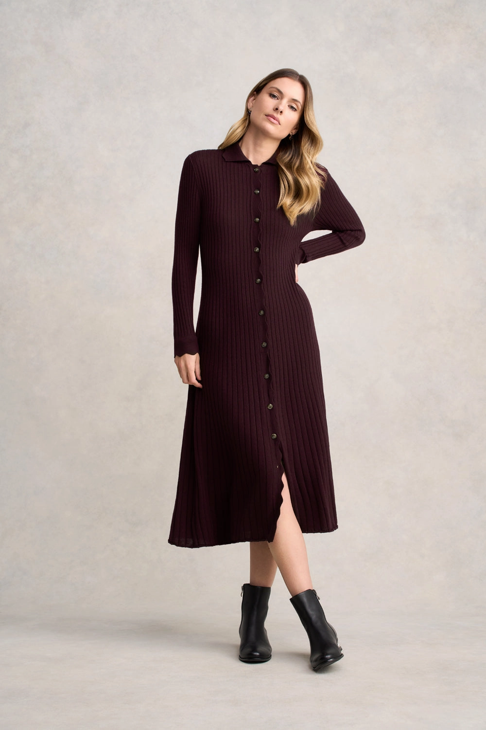 Flare Swing Soft Feel Ribbed Merino Dress - Burgundy