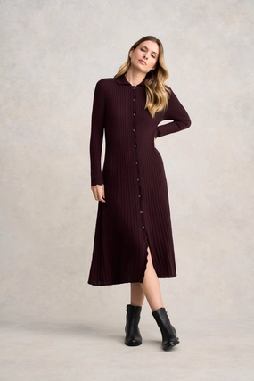 Flare Swing Soft Feel Ribbed Merino Dress - Burgundy