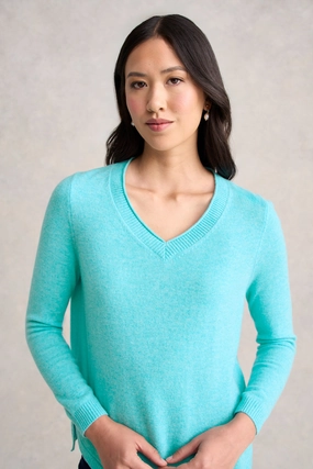 Merino V-Neck Jumper - Turquoise Drop Shoulder Design Machine Washable Design