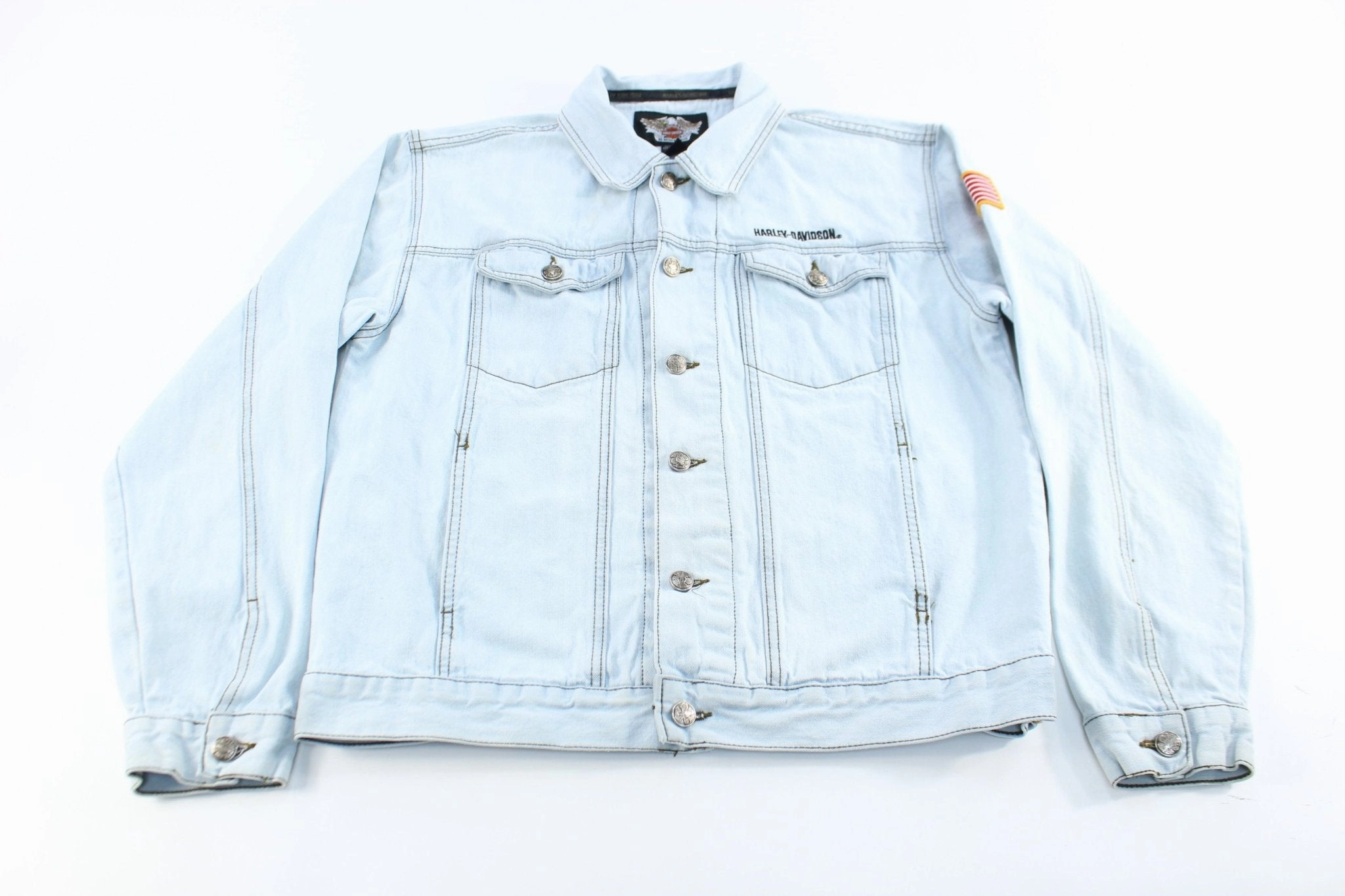 Variable Baffle Sizing mid-length Harley Davidson Motorcycles Embroidered Light Wash Denim Jacket