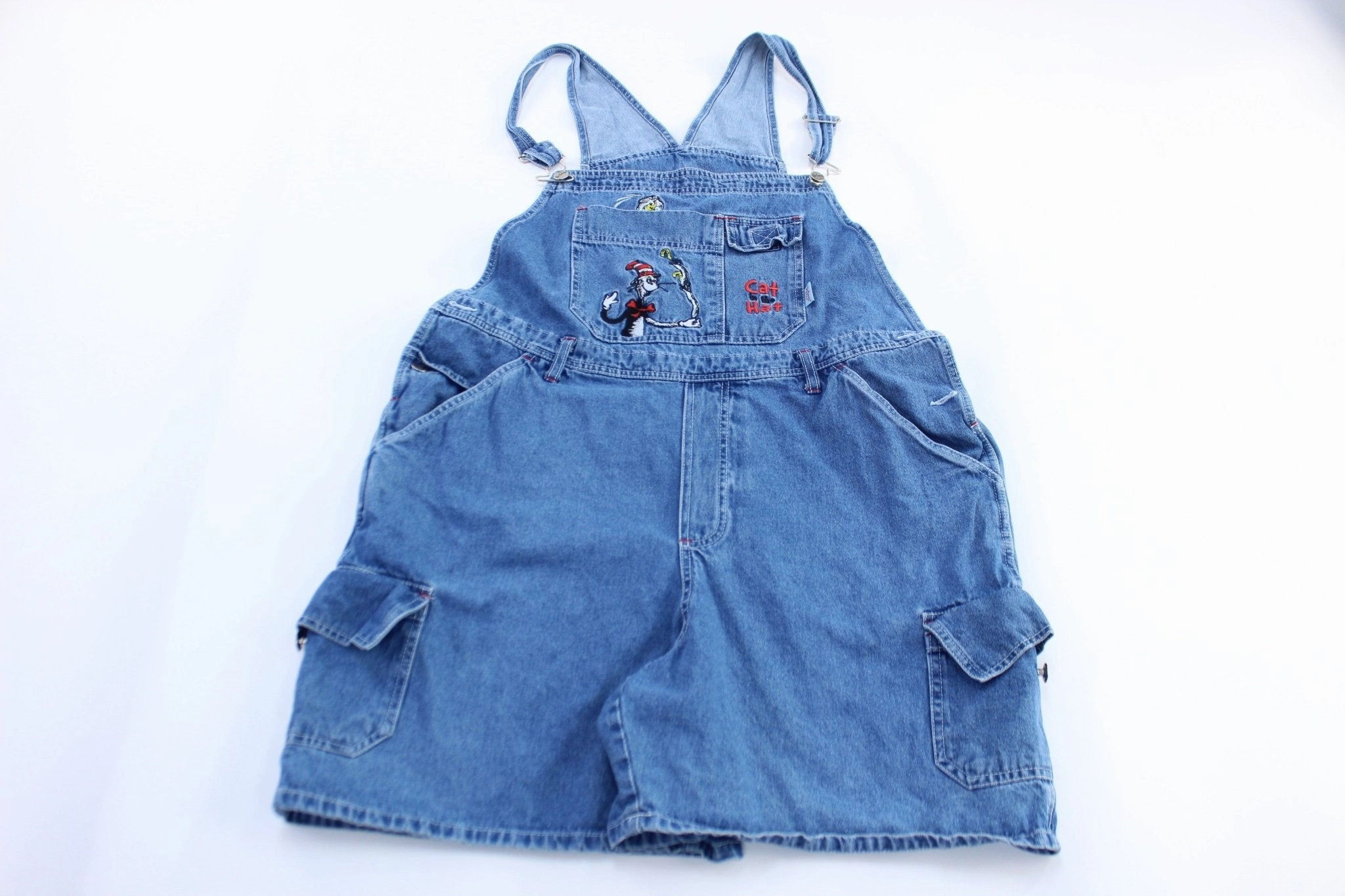 Determination performance day Women's Dr. Seuss Embroidered Cat In The Hat Denim Overalls