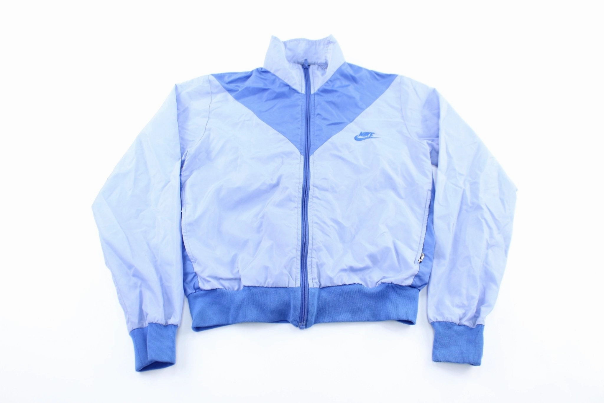 Women's 80's Nike Embroidered Logo Blue Zip Up Jacket Adjustable Drawstrings Custom - made