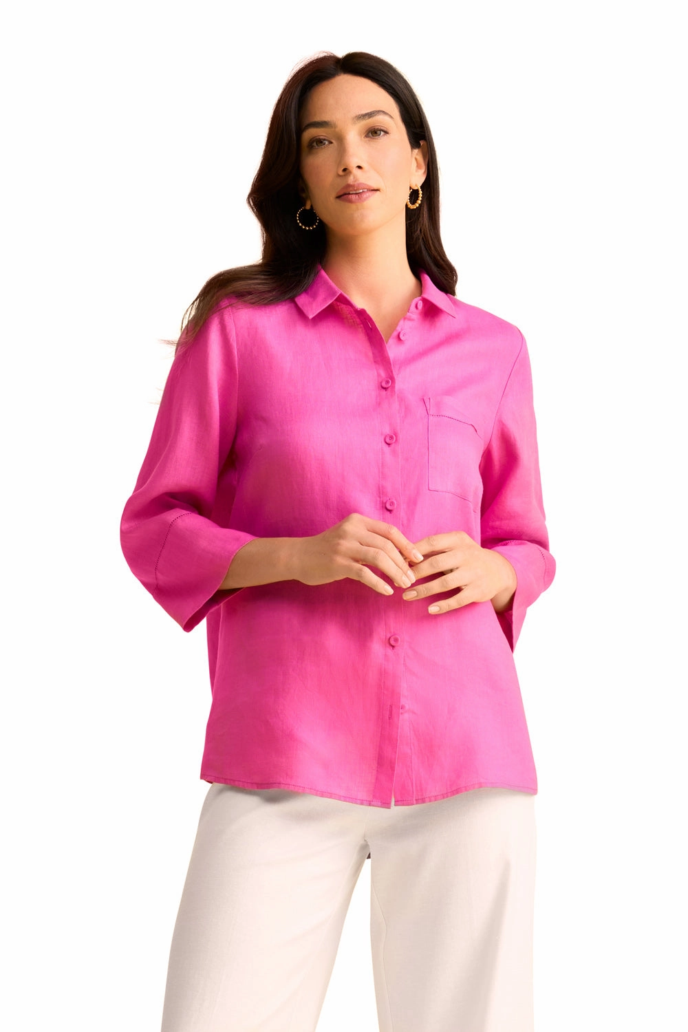 Wide Cuff Linen Shirt - Bright Rose MicroPerforated Details