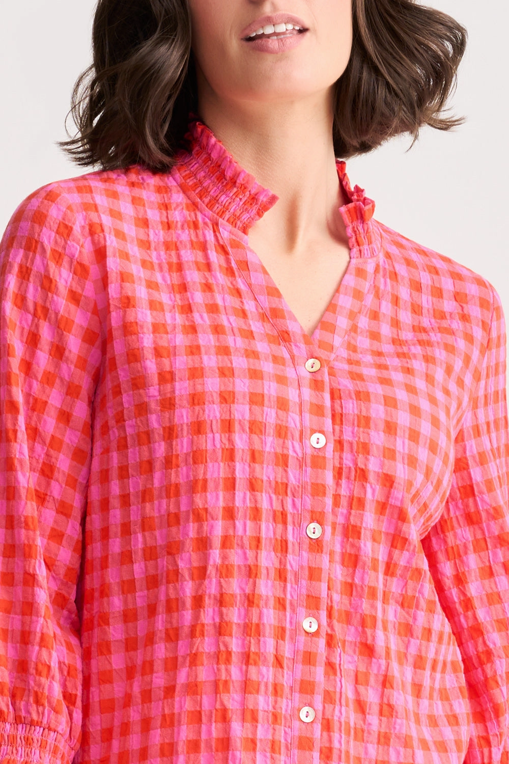 Cotton Crinkle Shirt - Pink & Orange Gingham Anti Pilling Technology