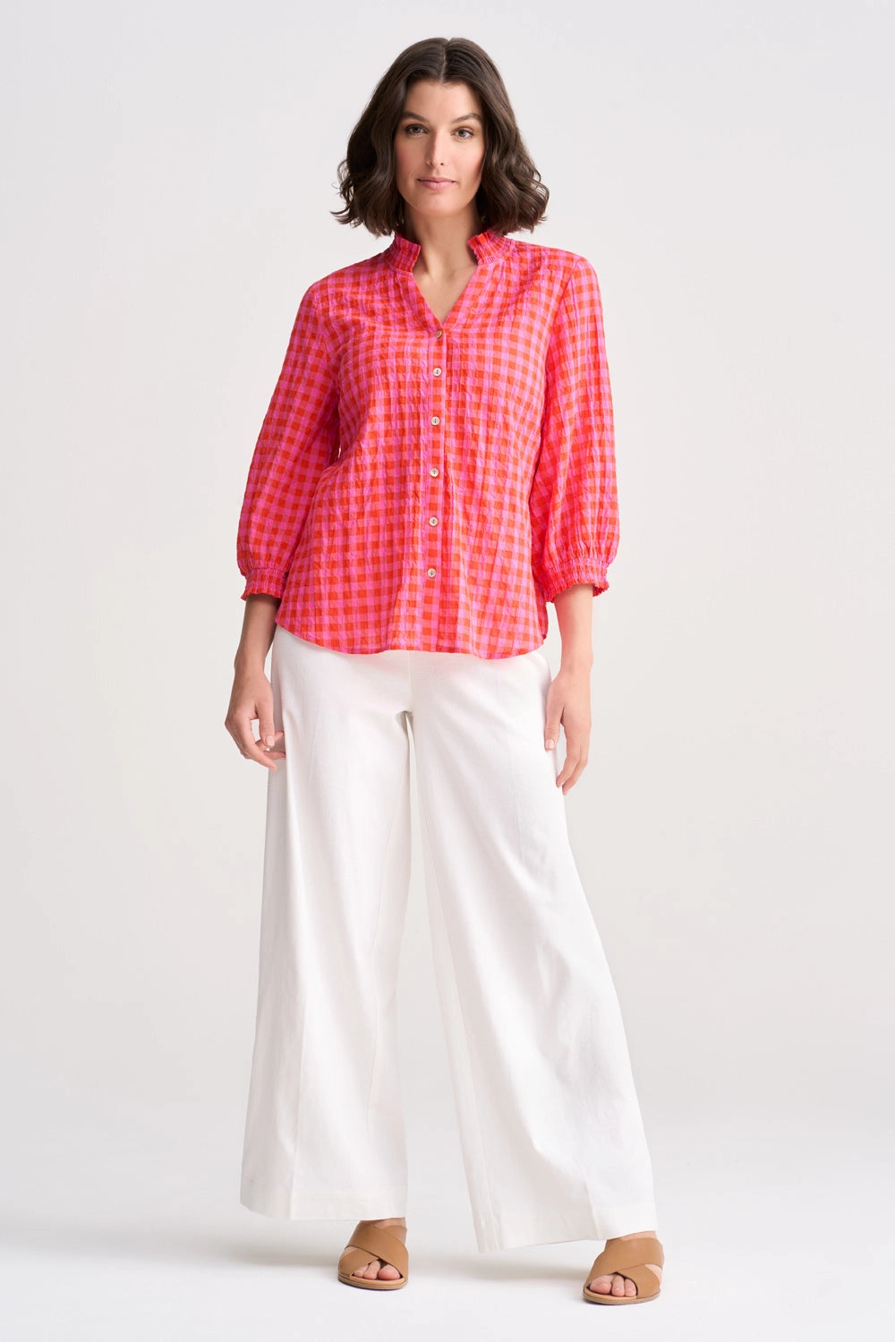Cotton Crinkle Shirt - Pink & Orange Gingham Flatlock Seam Technology