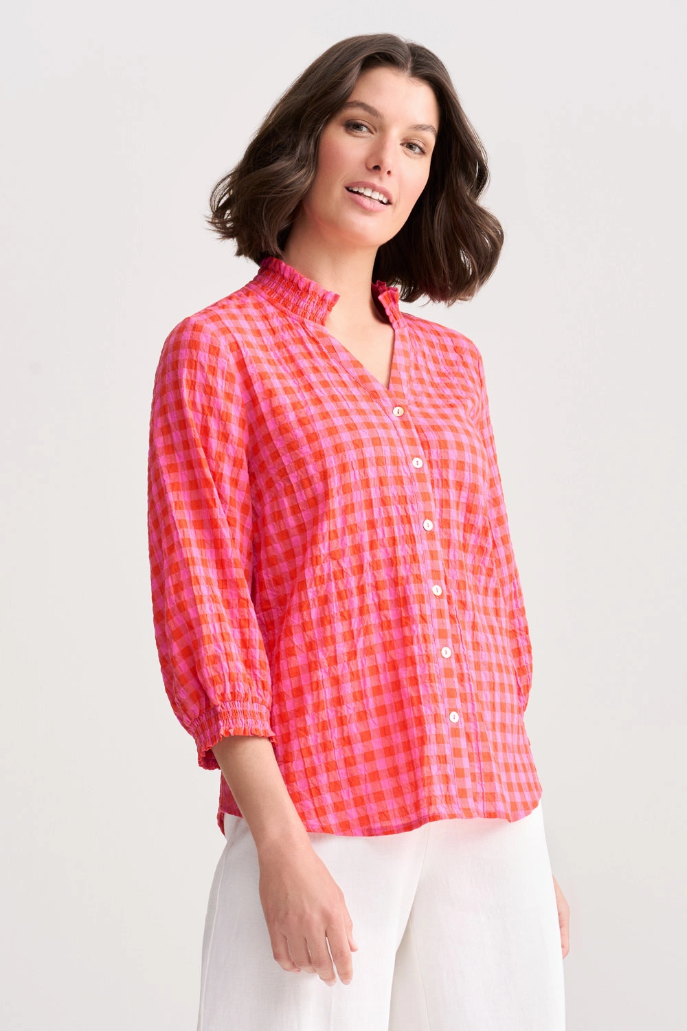 Cotton Crinkle Shirt - Pink & Orange Gingham TexturedSurface
