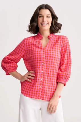 Active Design Cotton Crinkle Shirt - Pink & Orange Gingham