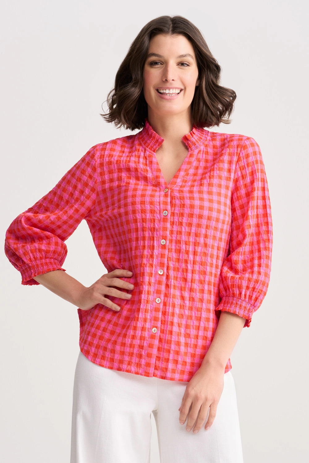 Active Design Cotton Crinkle Shirt - Pink & Orange Gingham