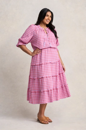 Cotton Gingham Tiered Dress - Lilac & Coral Gingham Waist Seam Clean Mood