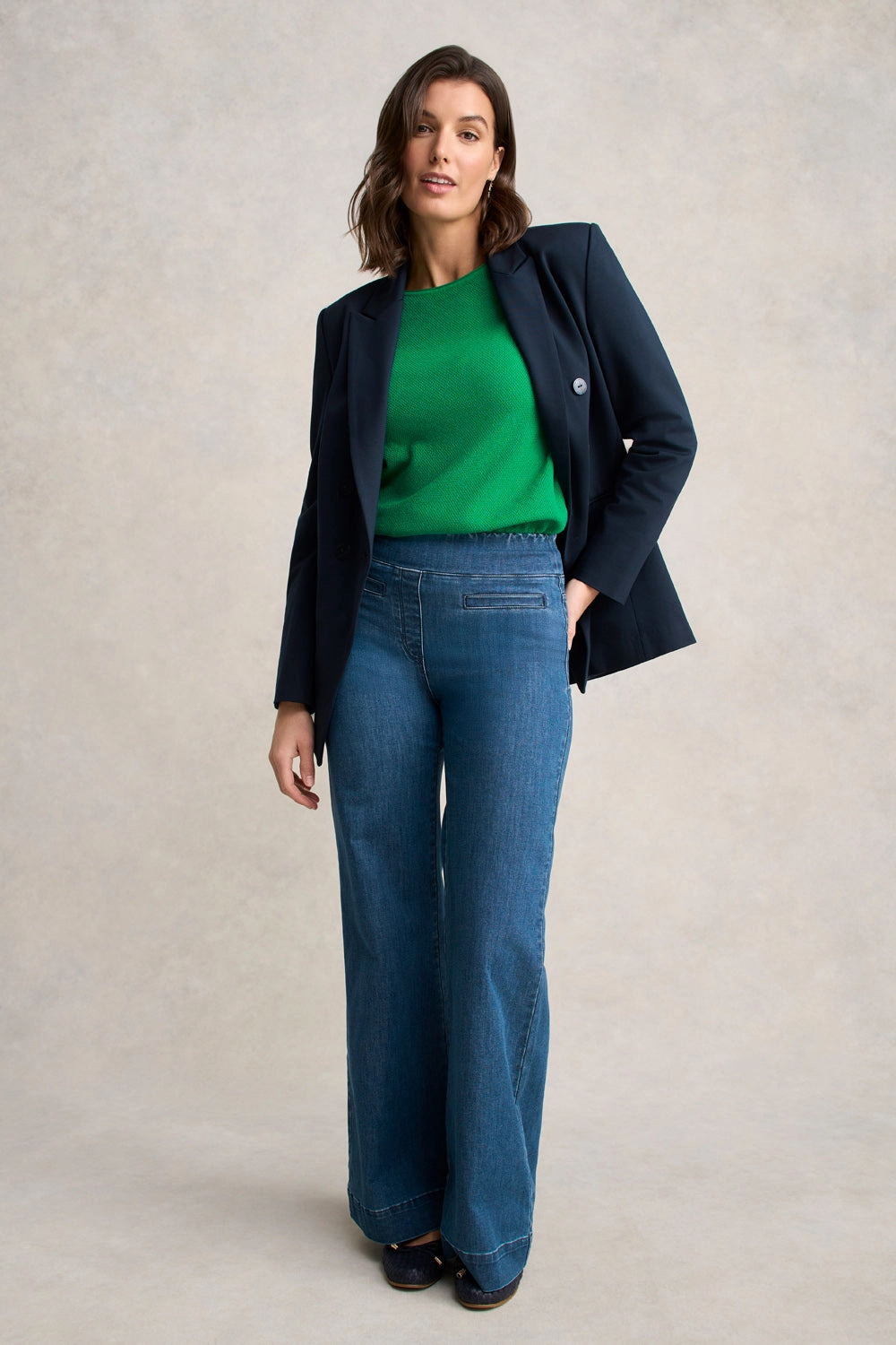 Lightweight Form NonRestrictive Cuff Design Cotton Mix Stitch Jumper - Emerald