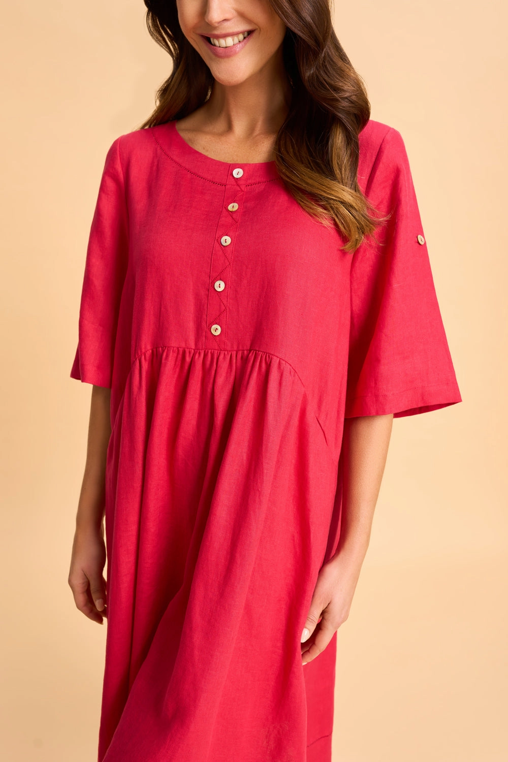 Button Detail Linen Dress - Rouge Side Tie