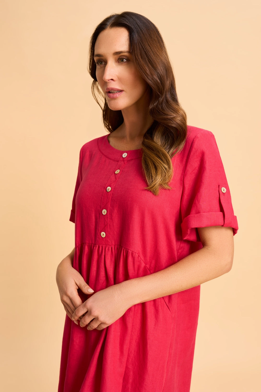Button Detail Linen Dress - Rouge Evening Look Body Positive