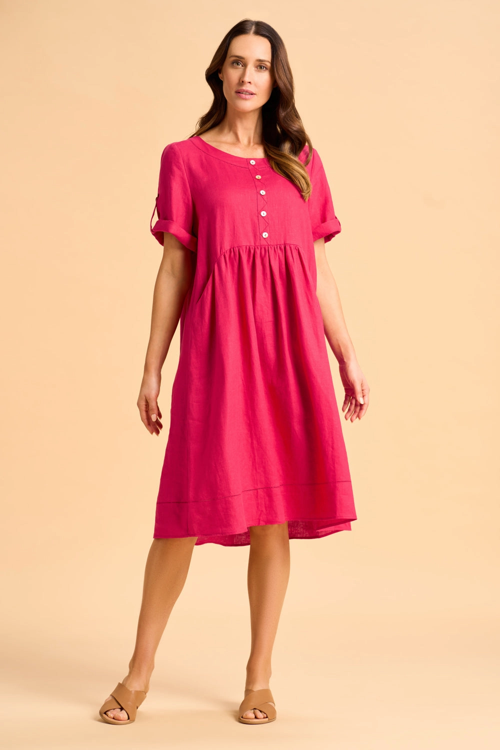 Button Detail Linen Dress - Rouge Simple Yet Elegant Statement-Piece
