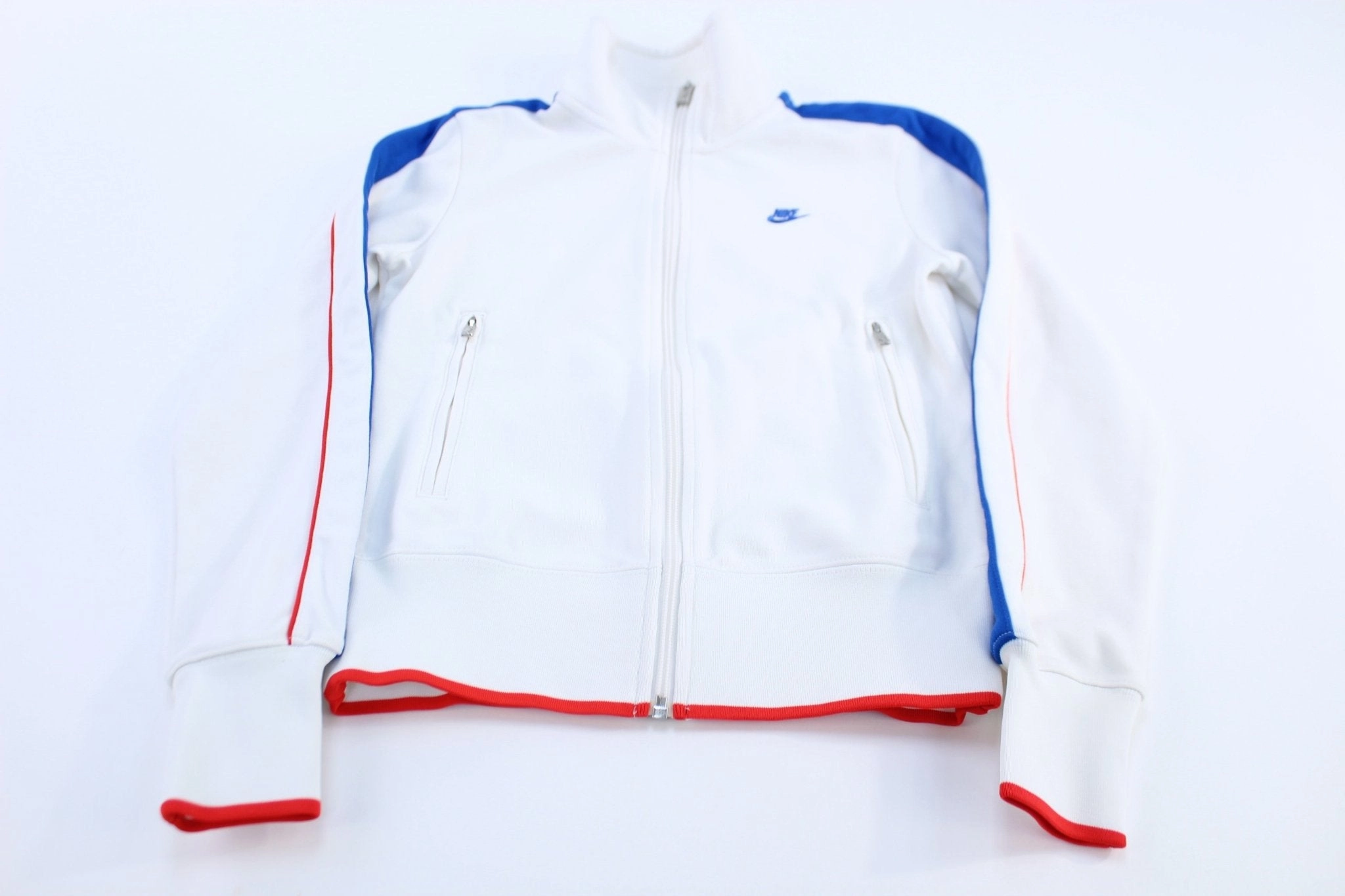 Slimming Outdoor Style Women's Nike Embroidered Logo Red, Blue, & White Track Jacket