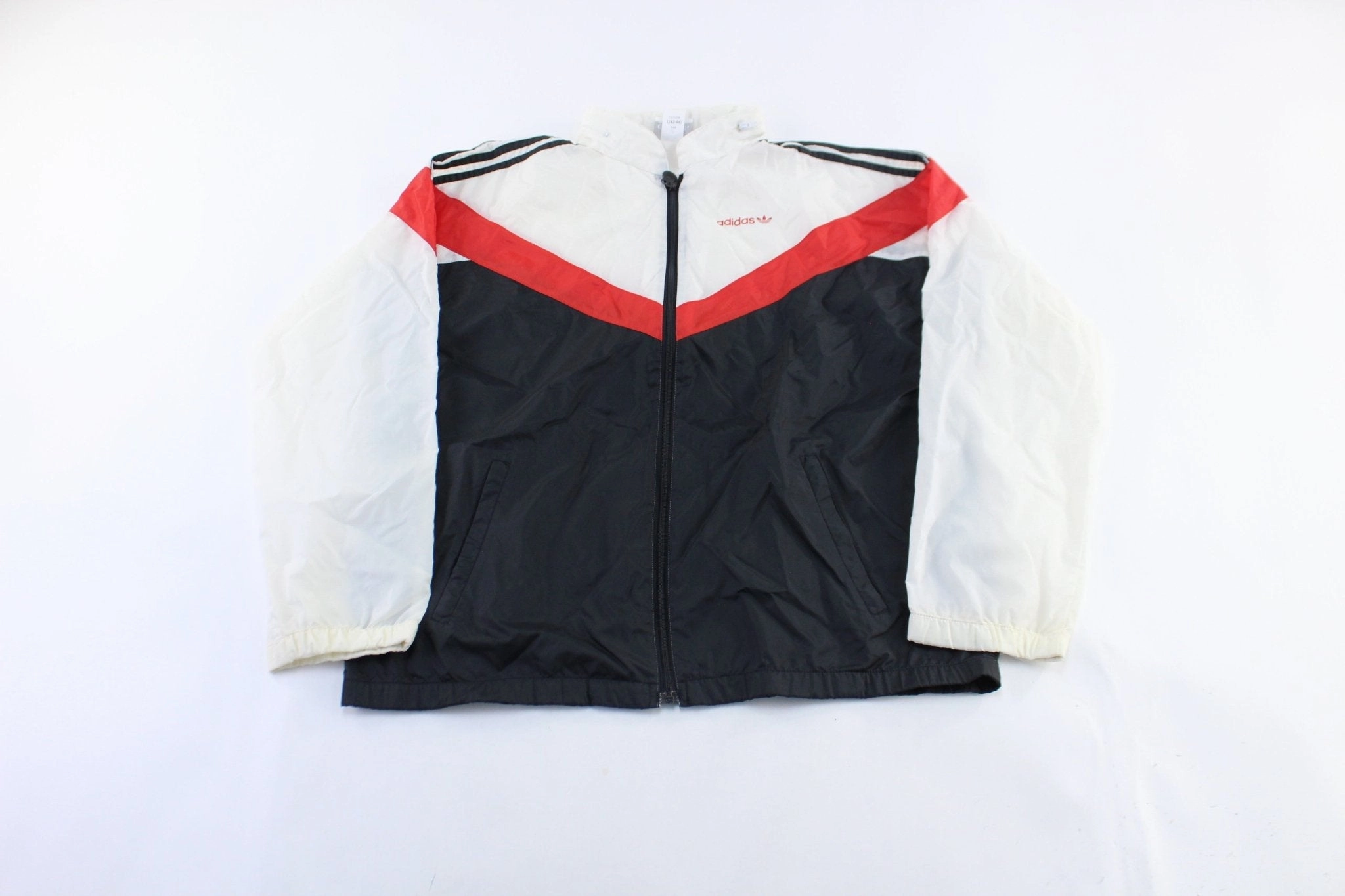 80's Adidas Logo Red, Black, & White Striped Zip Up Jacket Portray