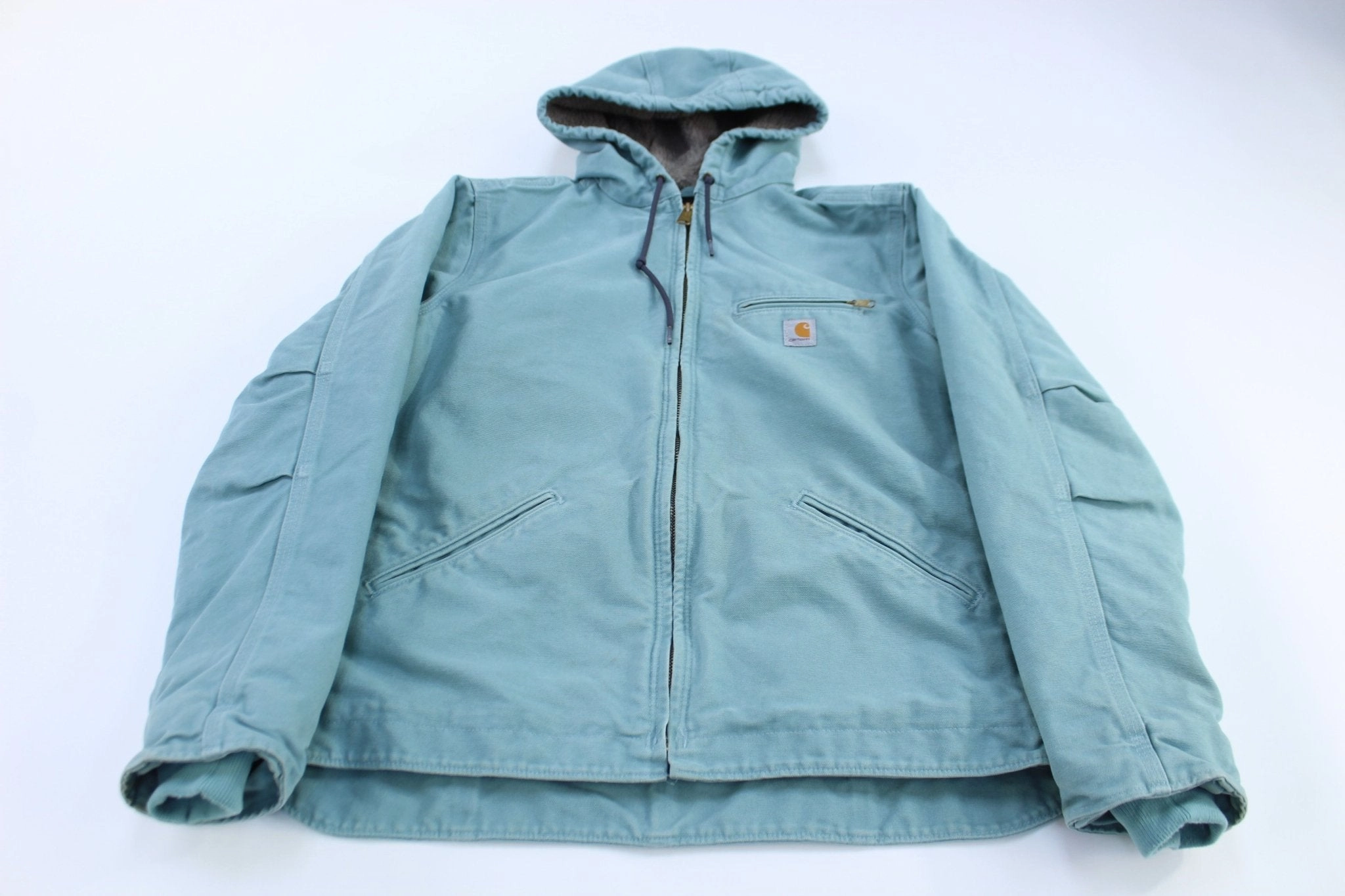 Women's Carhartt Logo Patch Green Sherpa Lined Hooded Jacket Travel Friendly Primaloft Insulation