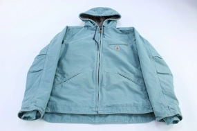 Women's Carhartt Logo Patch Green Sherpa Lined Hooded Jacket Travel Friendly Primaloft Insulation