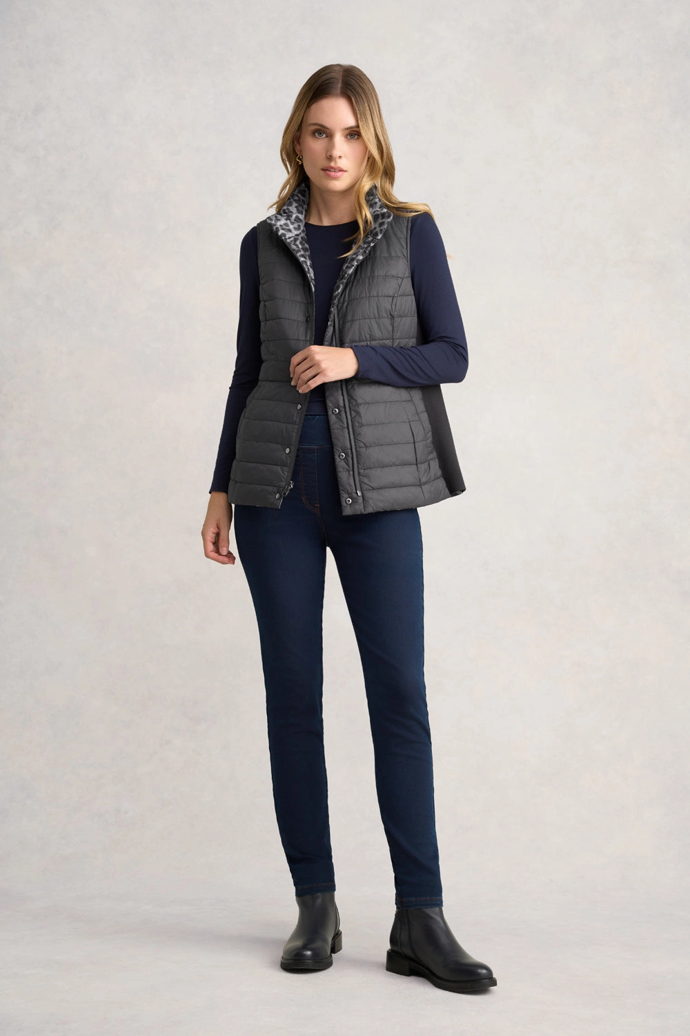 Reversible Puffer Vest - Black Leopard Non Restrictive Movement Cut Compression Panels