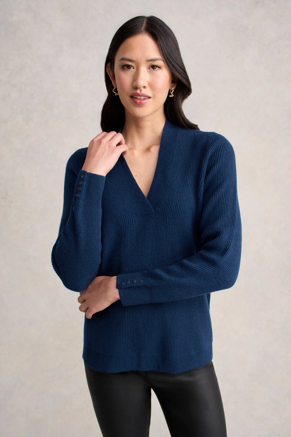 EcoCertified Wool Blend Stylish Choice Ribbed V-Neck Wool Jumper - Midnight Blue