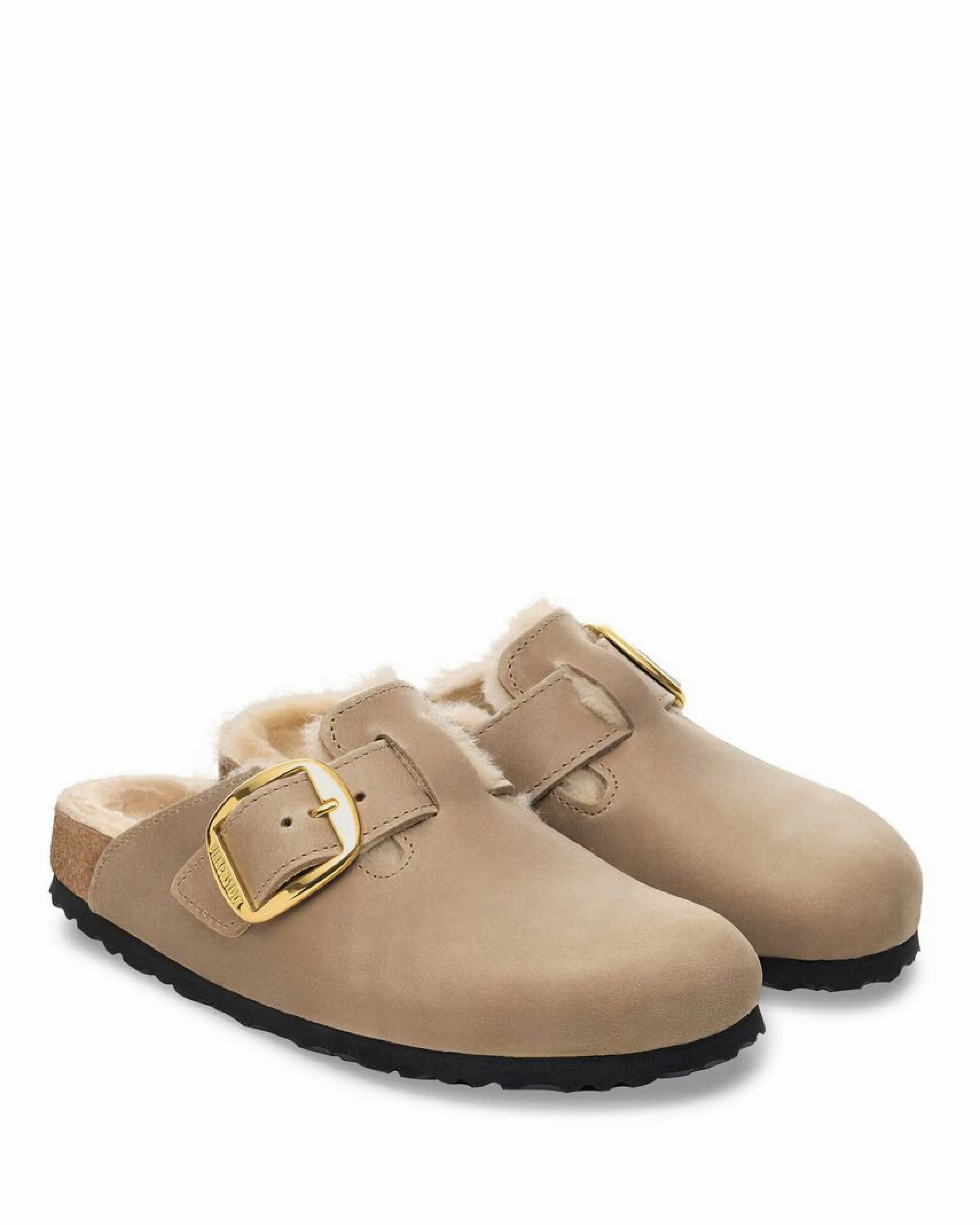 W Boston Big Buckle Shearling Oiled Leather Tobacco Resort Slides