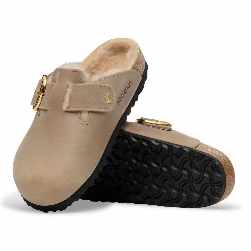 Timeless Sandals Fresh Comfort Sandals W Boston Big Buckle Shearling Oiled Leather Tobacco