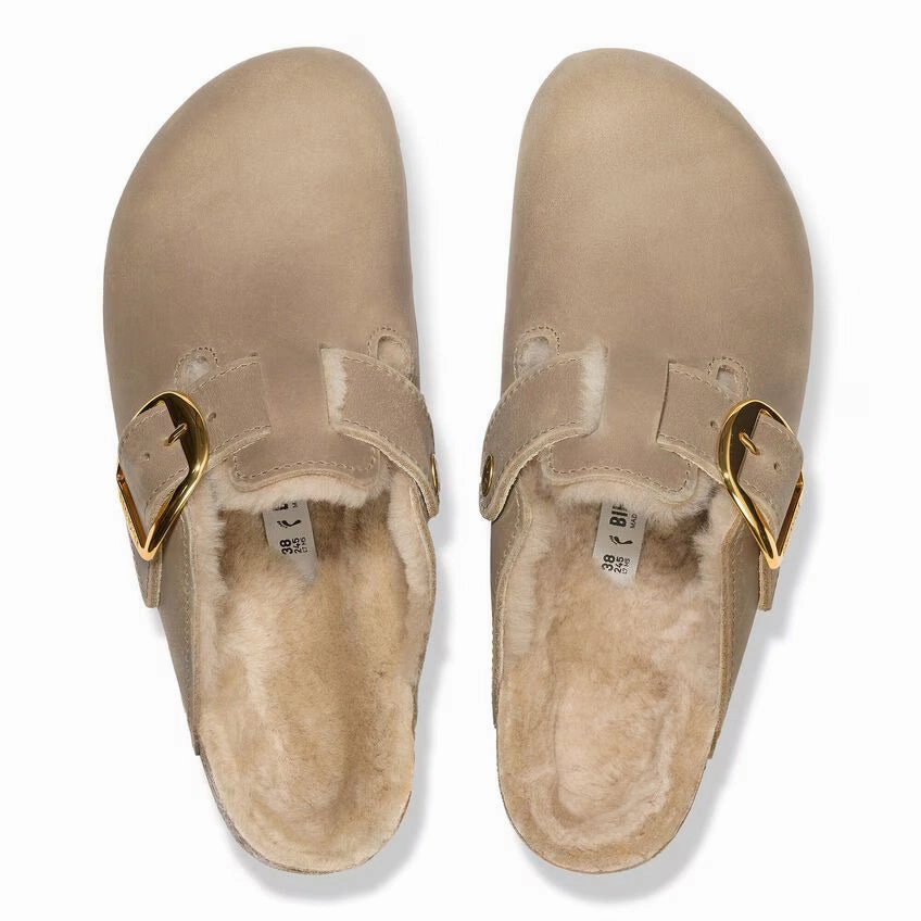 Street Style Slides W Boston Big Buckle Shearling Oiled Leather Tobacco