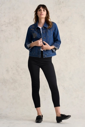 Extended Coverage Embellished Denim Jacket - Mid Wash Denim