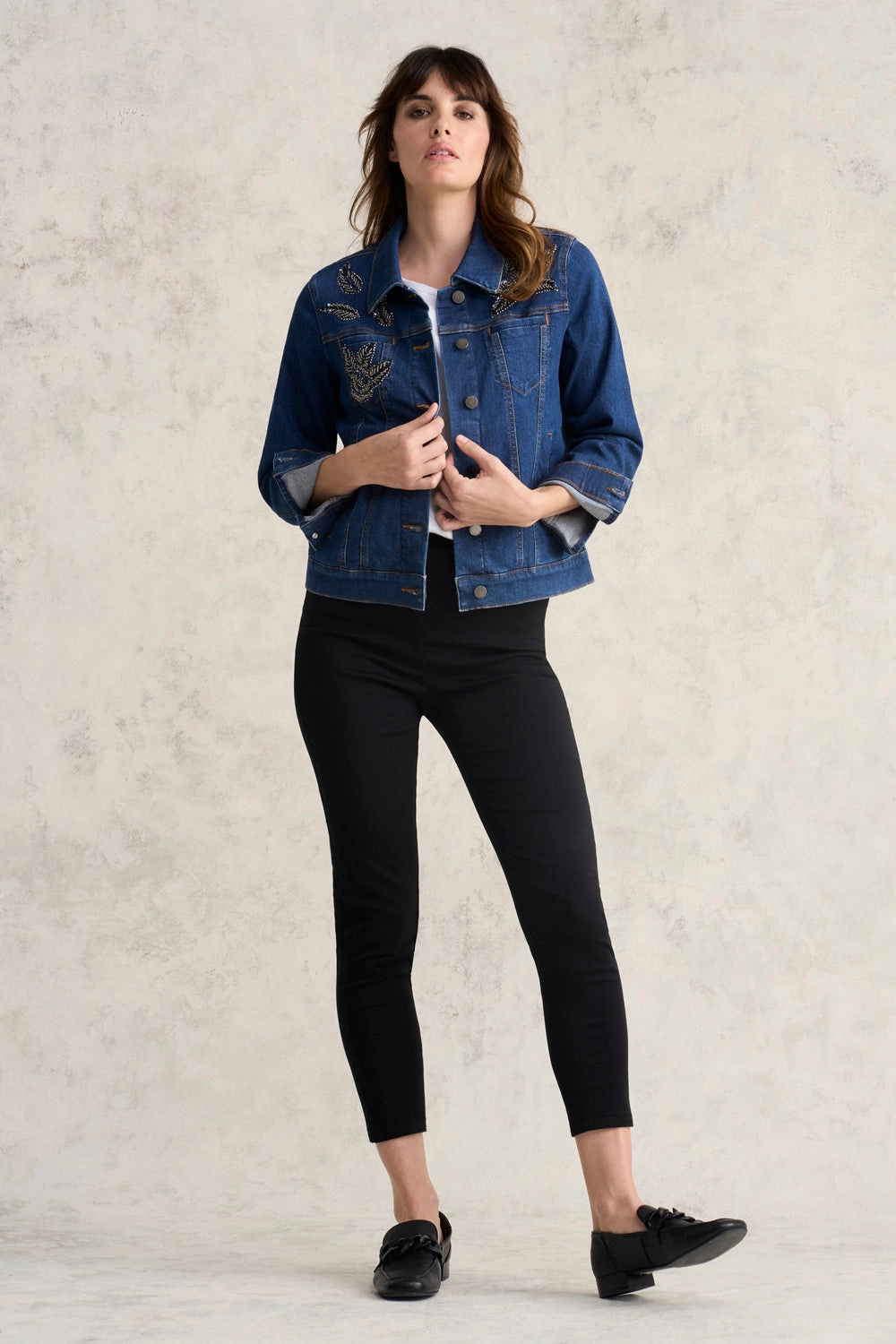 Extended Coverage Embellished Denim Jacket - Mid Wash Denim