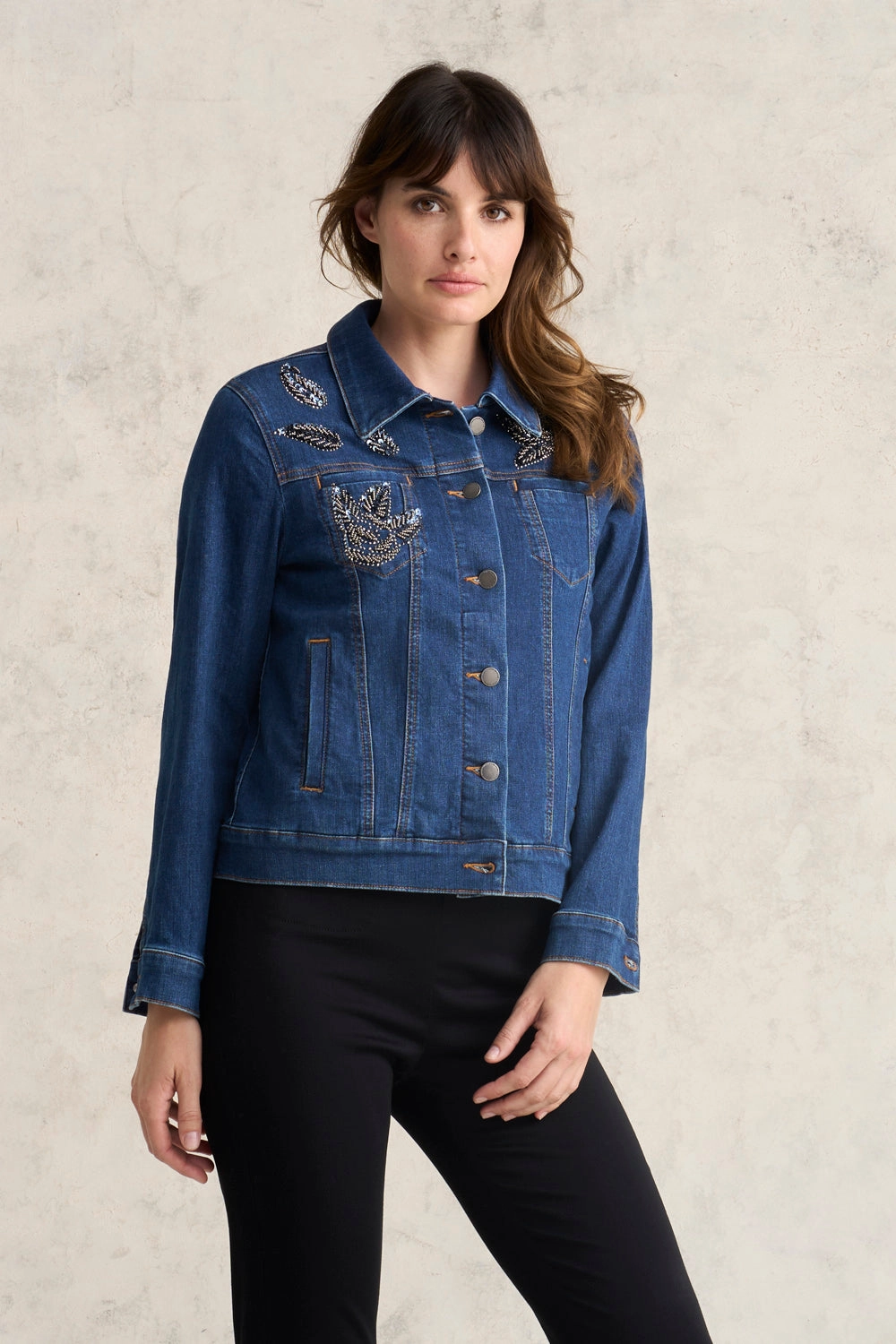 HighVisibility Trims Travel Must Embellished Denim Jacket - Mid Wash Denim