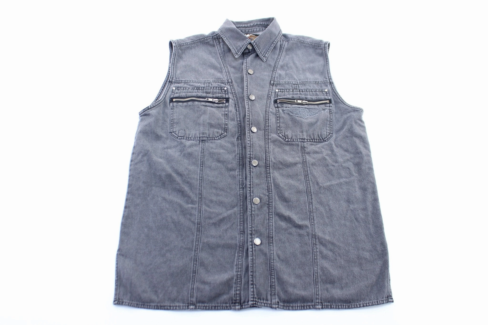 Soft Shell Material Harley Davidson Motorcycles Grey Denim Vest