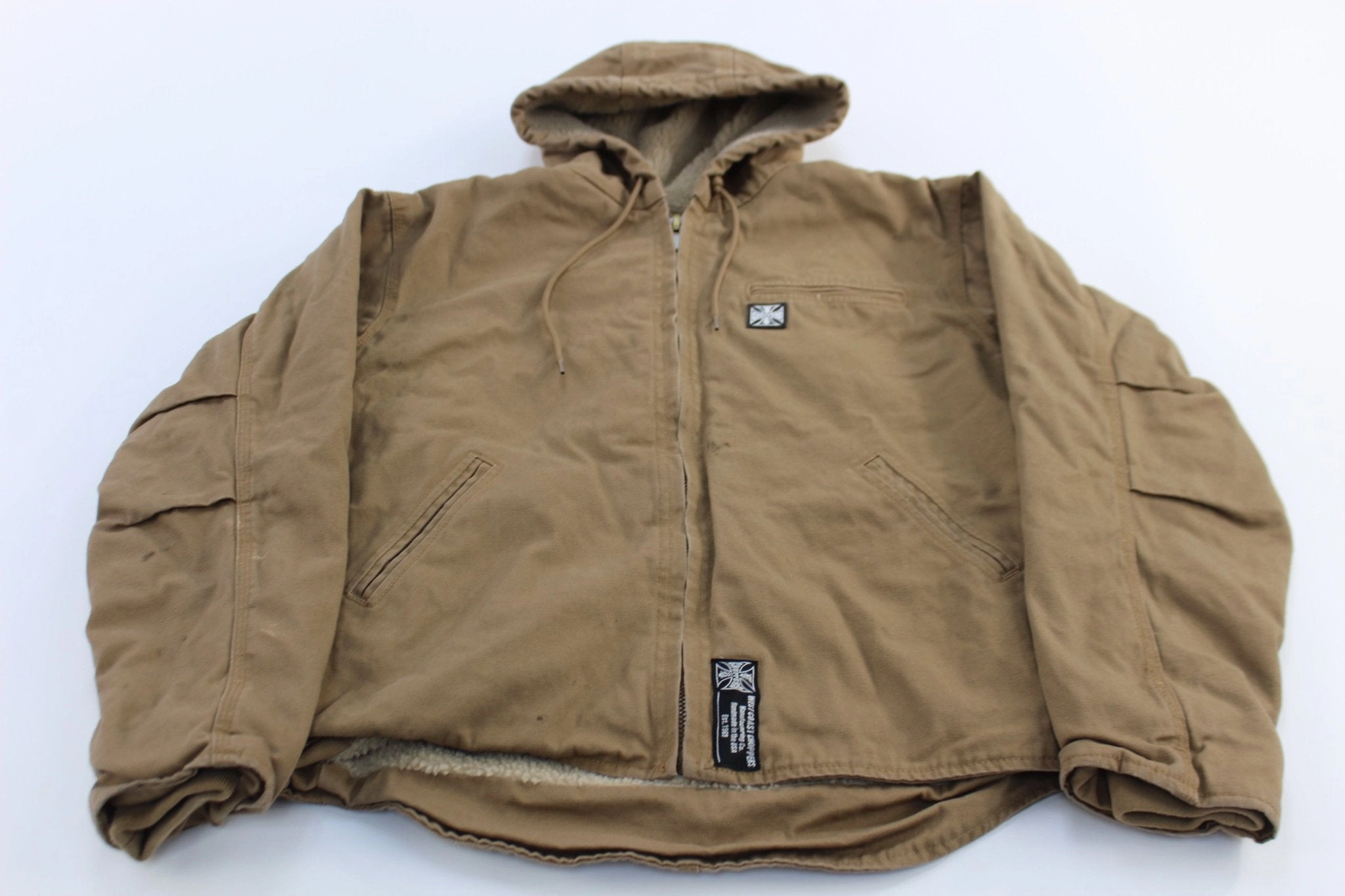 West Coast Choppers Sherpa Lined Tan Hooded Jacket Flexible Shoulder Panels countryside