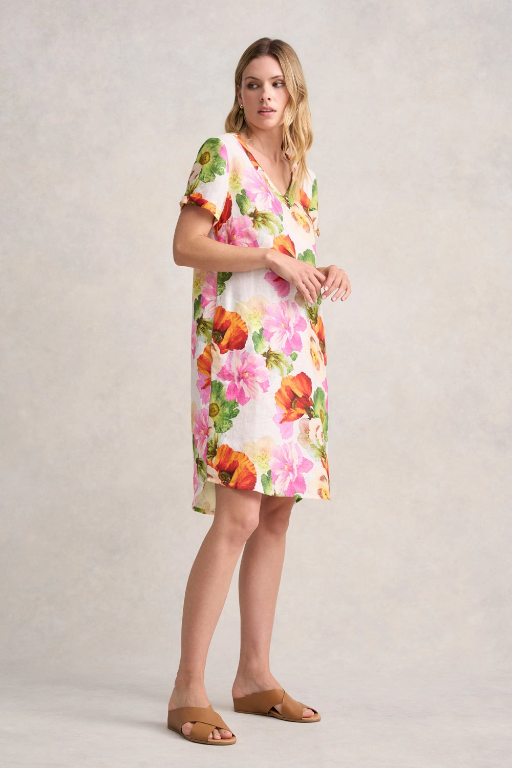 garden wedding V-Neck Linen Dress - Multi Floral
