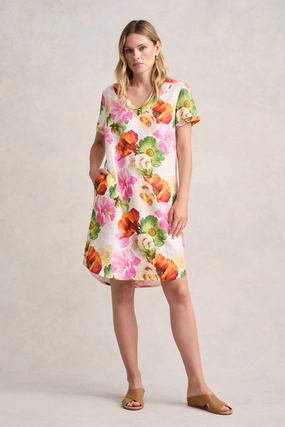 V-Neck Linen Dress - Multi Floral Pure Shape Minimal Comfort