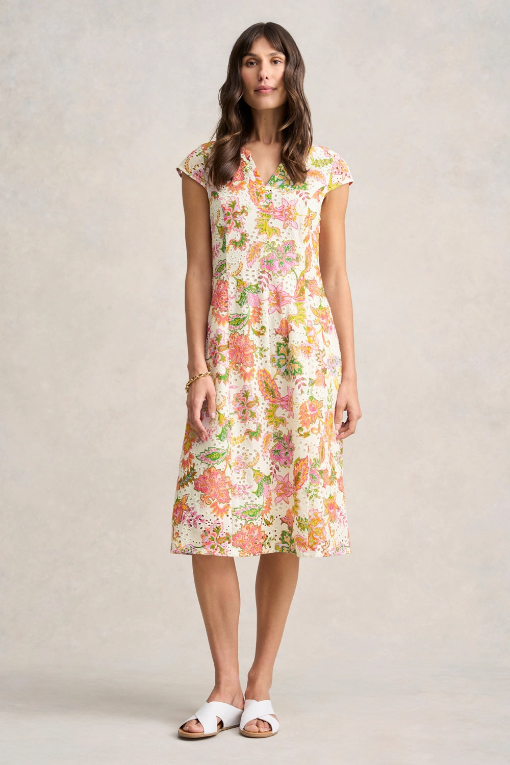 Relaxed Fit Broderie Printed Dress - Floral White Print