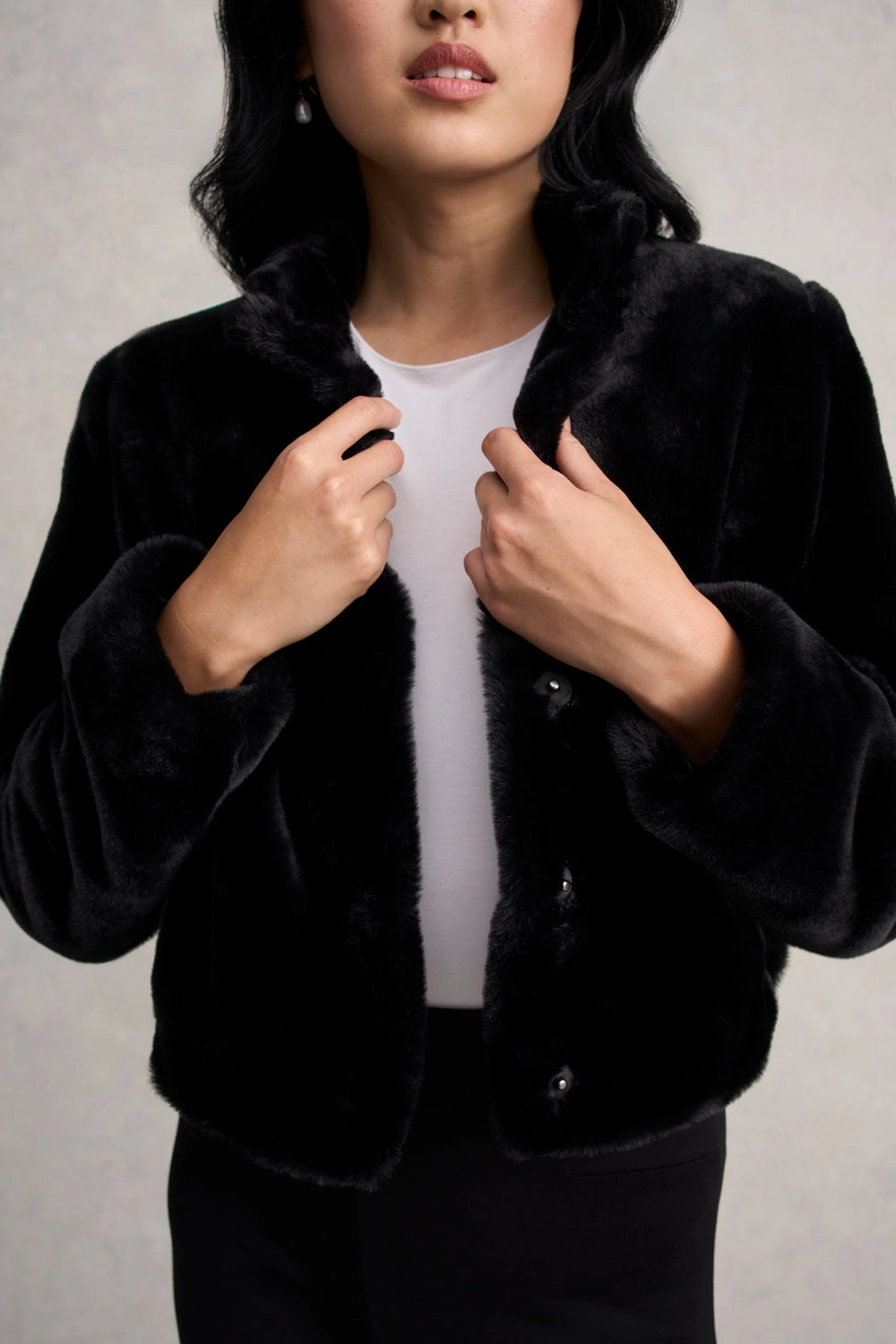 Faux Fur Cropped Jacket - Black Breezy Layer Option Daily Wear Jacket
