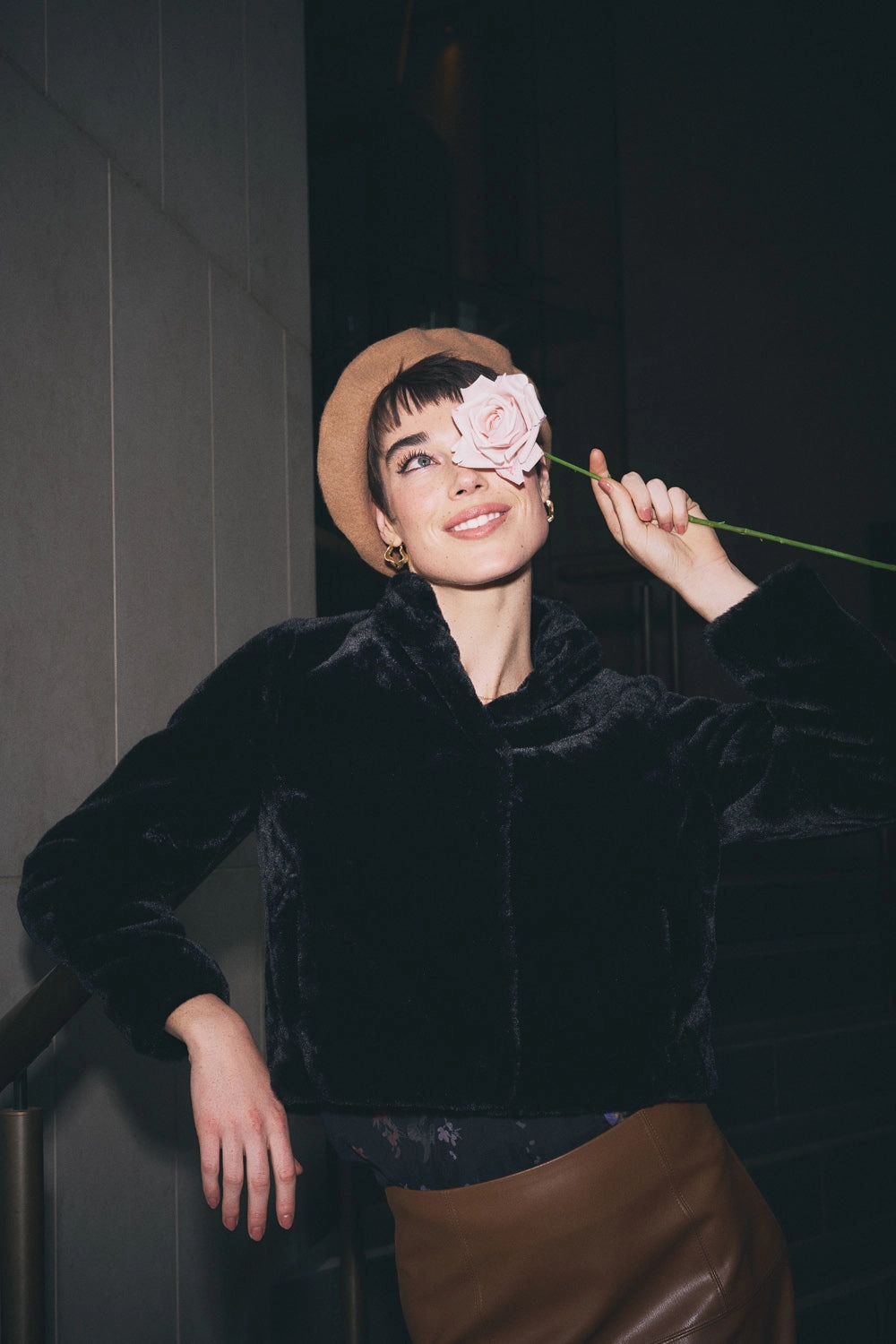 Draft Block Hooded style Faux Fur Cropped Jacket - Black