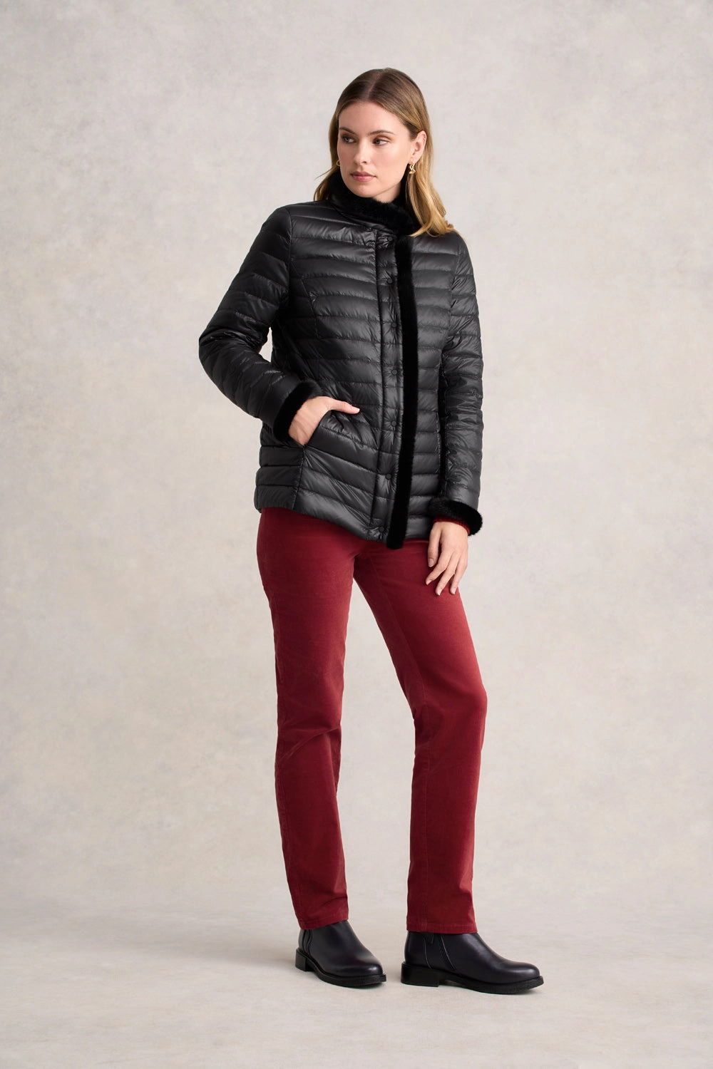 Stretch Comfort Faux Fur Trim Puffer - Black
