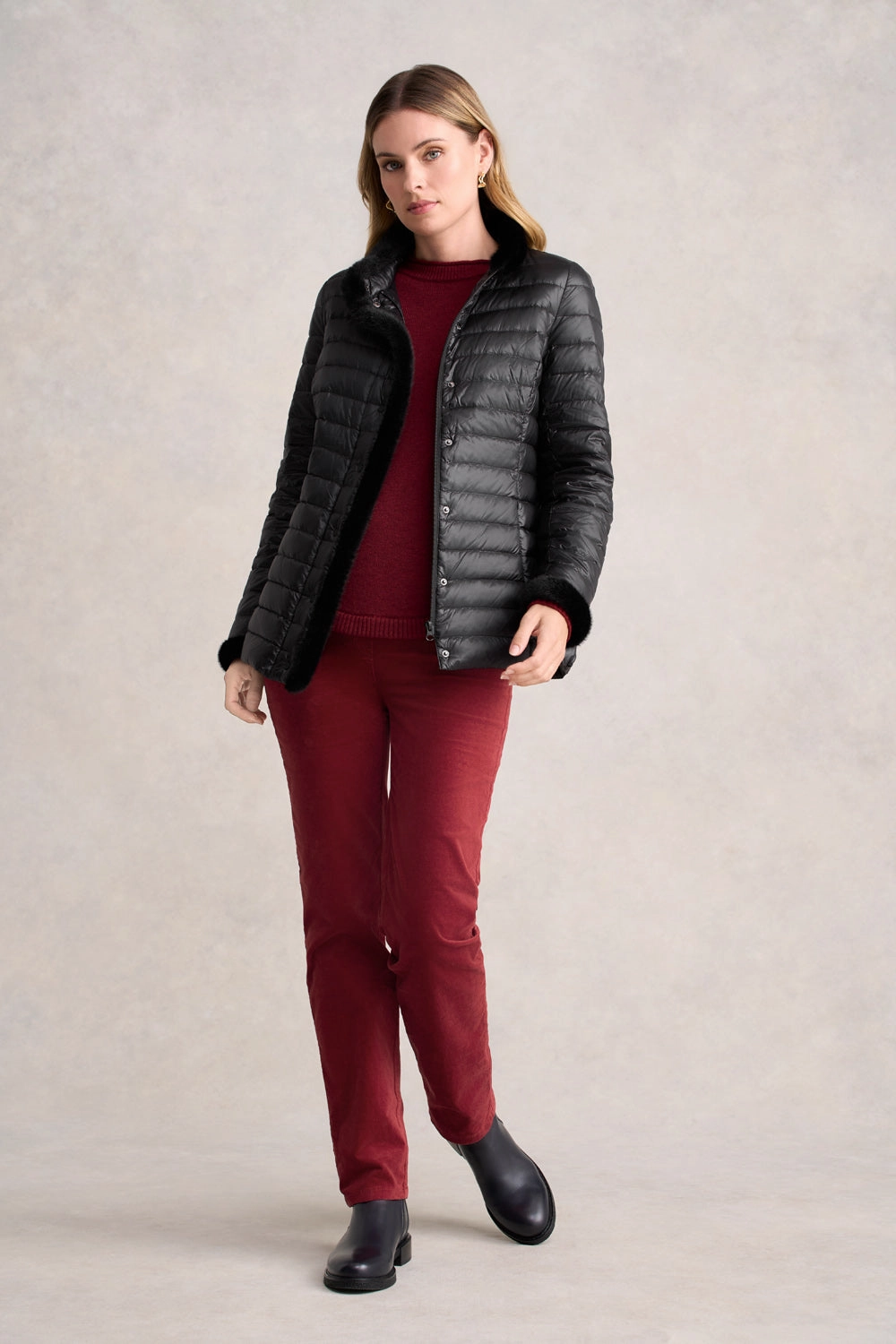 Faux Fur Trim Puffer - Black Transitional Weather Piece Magnetic Closure System